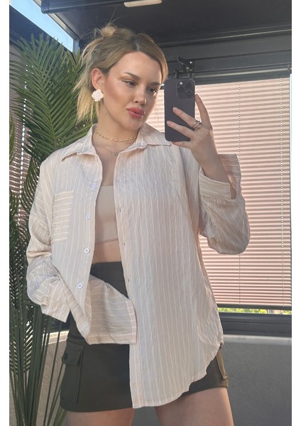 Krem Tek Cepli Çizgili Oversize Modal Gömlek