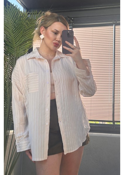 Krem Tek Cepli Çizgili Oversize Modal Gömlek fırsatları