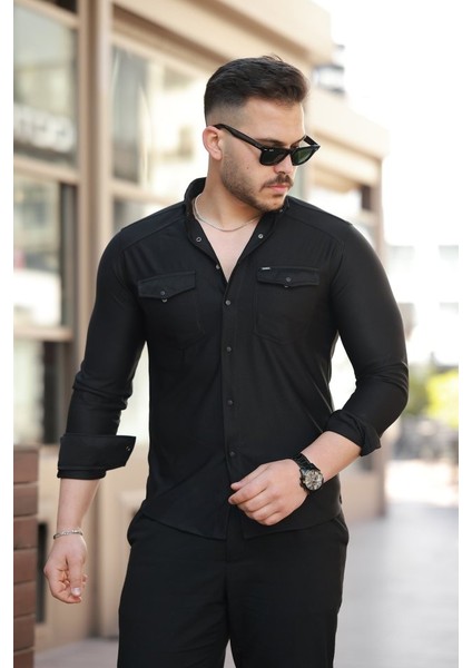 Erkek Çift Cepli Çıtçıt Düğmeli Uzun Kollu Gömlek