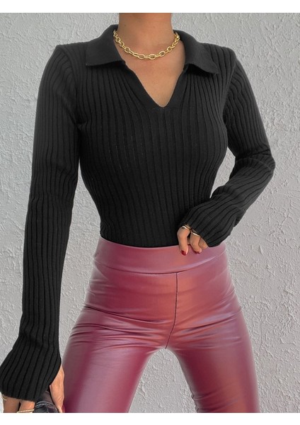 Kadın Siyah Polo Yaka Parmak Detay Triko Bluz 2047 modelleri