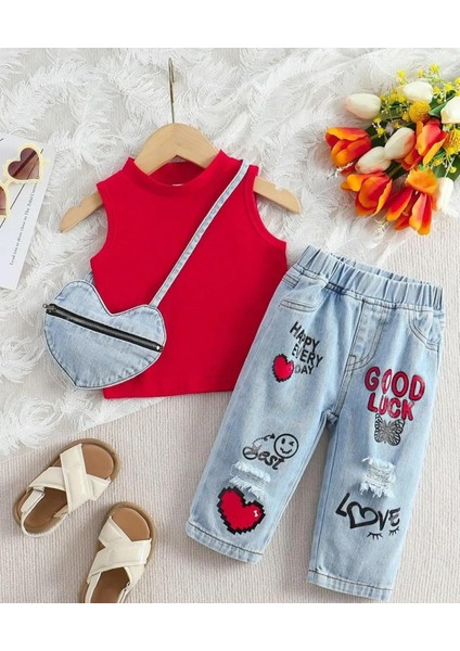 Kız Çocuk Kot Pantolon T-Shirt Kot Çanta 3 Parça Kombin