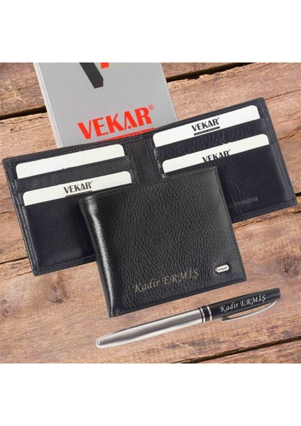 Kişiye Özel Vekar Deri Erkek Cüzdanı Ince Tasarımlı Siyah V002