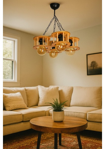 Aysem Wood 4 Lü Rustik Ahşap Avize - Salon Aydınlatma