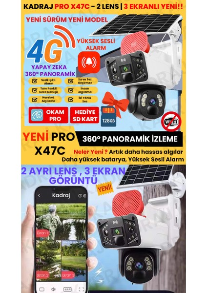 Sim Kartlı Güvenlik Kamerası, Solar Panelli Kamera, 4g X47C Pro Güvenlik Kamerası, Insan Takibi, Alarm, 3 Ekranlı Solar Kamera