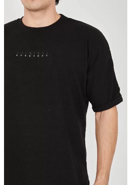Unisex Jakar Kumaş Rahat Kol T-Shirt - Siyah modelleri