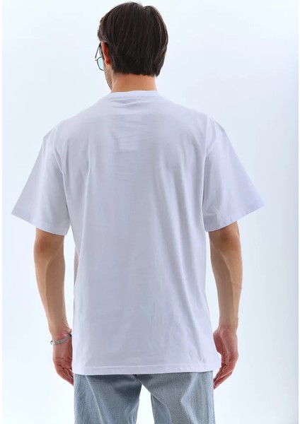 Unisex Oversize Taşlı Bisiklet Yaka T-Shirt - Beyaz fiyatları