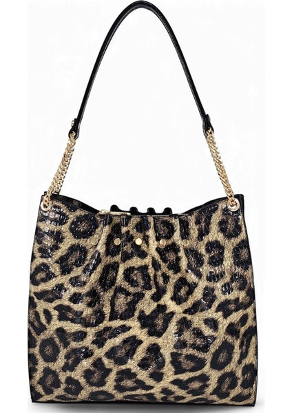 Siyah Rugan Baskılı Leopar Desenli Zincir Detaylı Pileli Kadın Omuz Çantası