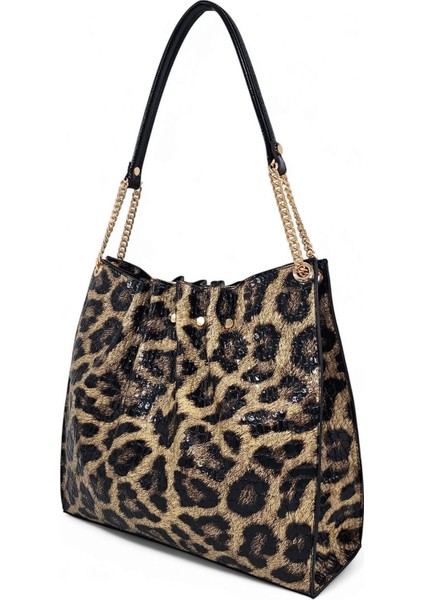 Siyah Rugan Baskılı Leopar Desenli Zincir Detaylı Pileli Kadın Omuz Çantası fiyatları