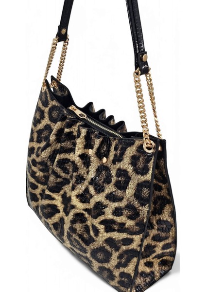 Siyah Rugan Baskılı Leopar Desenli Zincir Detaylı Pileli Kadın Omuz Çantası modelleri