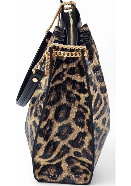 Siyah Rugan Baskılı Leopar Desenli Zincir Detaylı Pileli Kadın Omuz Çantası indirimleri
