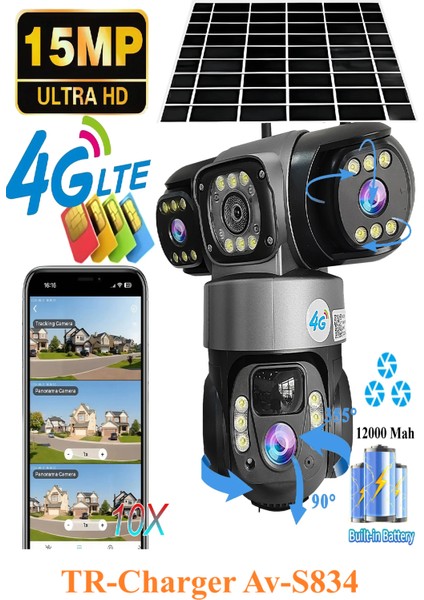 AV-S834 Full Hd 15MP 3 Kameralı 12.000 Mah Solar Panelli Sim Kart ile Çalışan Güvenlik Kamerası modelleri