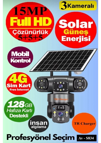 AV-S834 Full Hd 15MP 3 Kameralı 12.000 Mah Solar Panelli Sim Kart ile Çalışan Güvenlik Kamerası