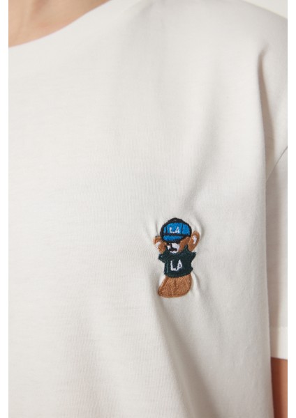 Ayıcık Işlemeli Pamuklu Örme T-Shirt