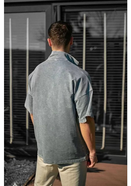 Unisex Yarım Fermuarlı Yıkamalı T-Shirt - Gri fiyatları