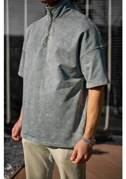 Unisex Yarım Fermuarlı Yıkamalı T-Shirt - Gri modelleri