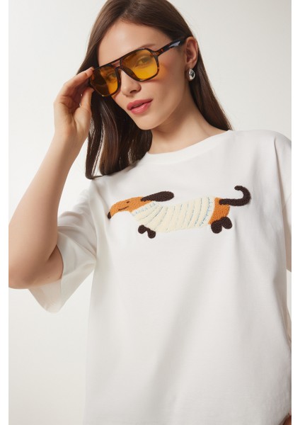 Nakışlı Pamuklu Oversize Örme T-Shirt