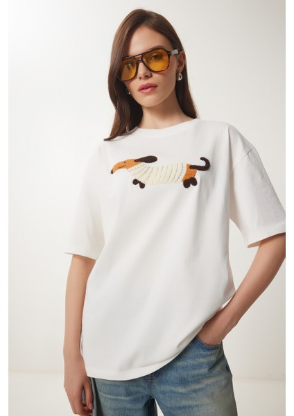 Nakışlı Pamuklu Oversize Örme T-Shirt fiyatları