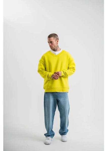 Geniş V Yaka Kol Ribana Detaylı Sweatshirt - Sarı
