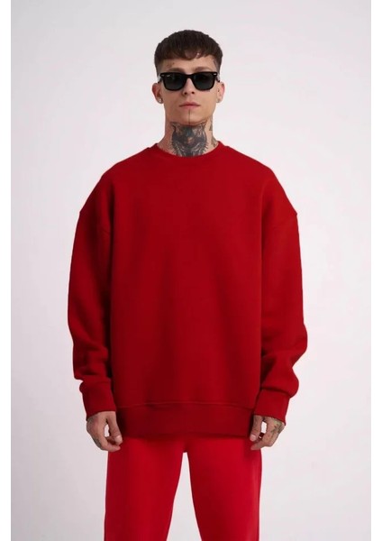 Unisex Biskilet Yaka Üç Iplik Sweatshirt - Kırmızı