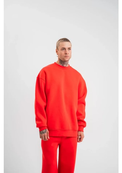 Uzun Kol Bisiklet Yaka Basic Sweatshirt - Kırmızı