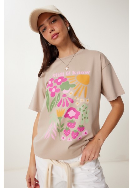 Oversize Baskılı Örme T-Shirt