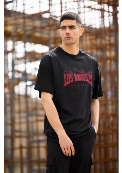 Unisex Bisiklet Yaka Baskılı Oversize T-Shirt - Siyah fırsatları