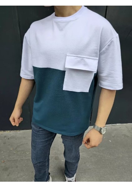 Unisex Torba Cep Detaylı Parçalı T-Shirt - Lacivert