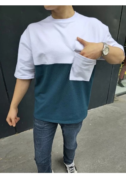 Unisex Torba Cep Detaylı Parçalı T-Shirt - Lacivert modelleri