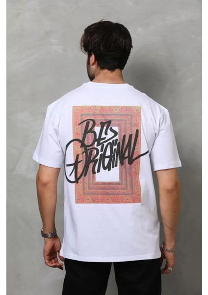 Unisex Bisiklet Yaka Baskılı Oversize T-Shirt - Beyaz modelleri