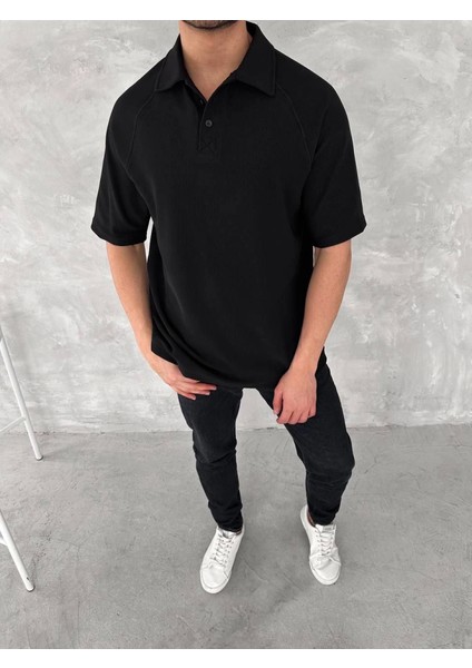 Yakalı Patlı Kısa Kol T-Shirt - Siyah
