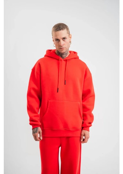 Unisex Double Oversize Kapşonlu Basic Sweatshirt - Kırmızı