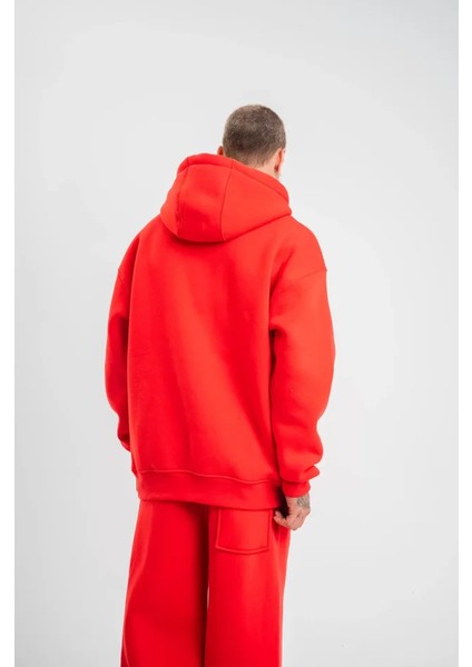 Unisex Double Oversize Kapşonlu Basic Sweatshirt - Kırmızı