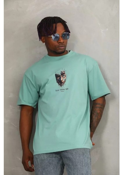 Unisex Oversize Baskılı Bisiklet Yaka T-Shirt - Mint Yeşili