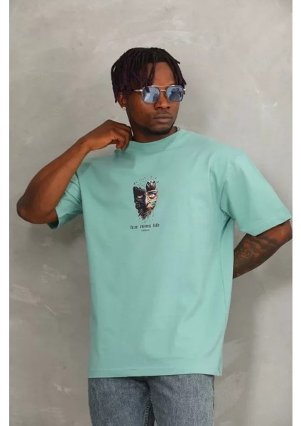 Unisex Oversize Baskılı Bisiklet Yaka T-Shirt - Mint Yeşili fiyatları