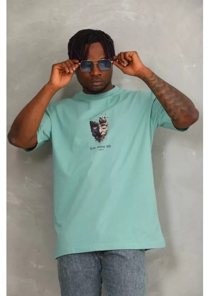 Unisex Oversize Baskılı Bisiklet Yaka T-Shirt - Mint Yeşili modelleri