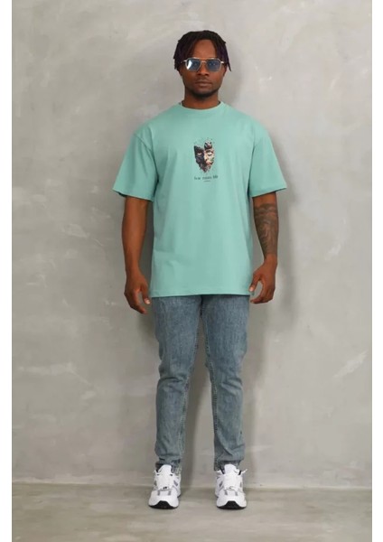 Unisex Oversize Baskılı Bisiklet Yaka T-Shirt - Mint Yeşili fırsatları