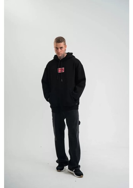 Polızeı Premium Kalite Unisex Kapşonlu Dijital Patchli Sweatshirt - Siyah