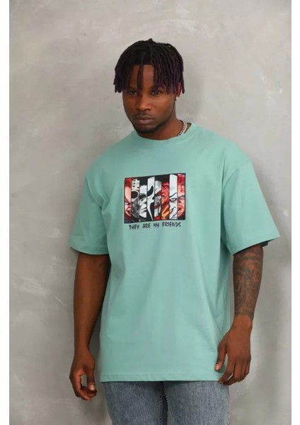 Unisex Oversize Baskılı Bisiklet Yaka T-Shirt - Mint Yeşili fiyatları