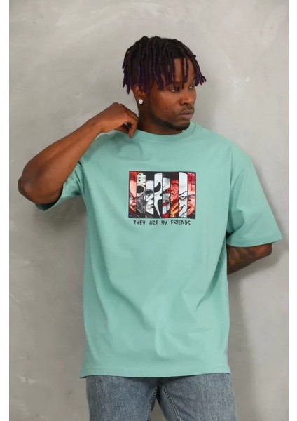 Unisex Oversize Baskılı Bisiklet Yaka T-Shirt - Mint Yeşili modelleri