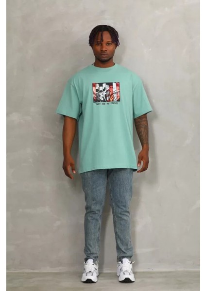 Unisex Oversize Baskılı Bisiklet Yaka T-Shirt - Mint Yeşili fırsatları