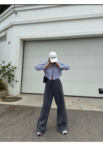 Bağcıklı Palazzo Bol Paça Pantolon - Gri modelleri