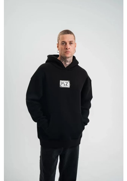 Unisex Kapşonlu Uzun Kol Patchli Nakışlı Sweatshirt - Siyah