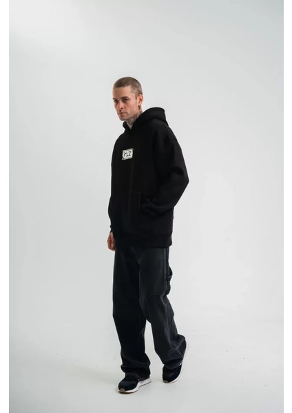 Unisex Kapşonlu Uzun Kol Patchli Nakışlı Sweatshirt - Siyah