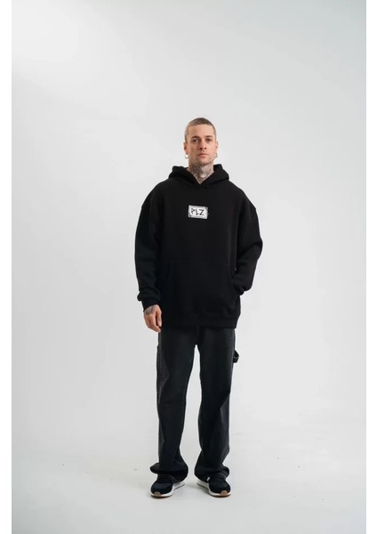 Unisex Kapşonlu Uzun Kol Patchli Nakışlı Sweatshirt - Siyah