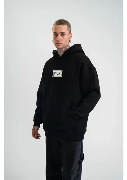 Unisex Kapşonlu Uzun Kol Patchli Nakışlı Sweatshirt - Siyah