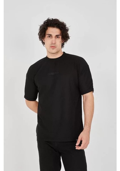 Unisex Waffle Kumaş Rahat Kol T-Shirt - Siyah fiyatları