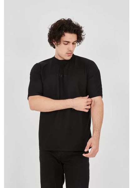 Unisex Waffle Kumaş Rahat Kol T-Shirt - Siyah modelleri