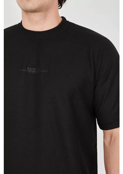 Unisex Waffle Kumaş Rahat Kol T-Shirt - Siyah fırsatları