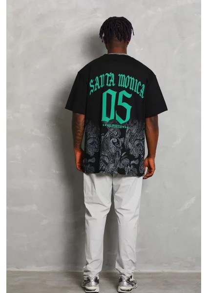 Unisex Oversize Baskılı Bisiklet Yaka T-Shirt - Siyah fırsatları