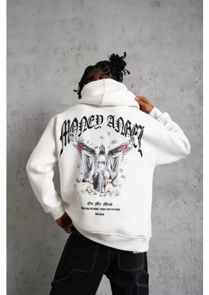 Erkek Kordon Ipli Baskılı Kapüşonlu Sweatshirt - Beyaz